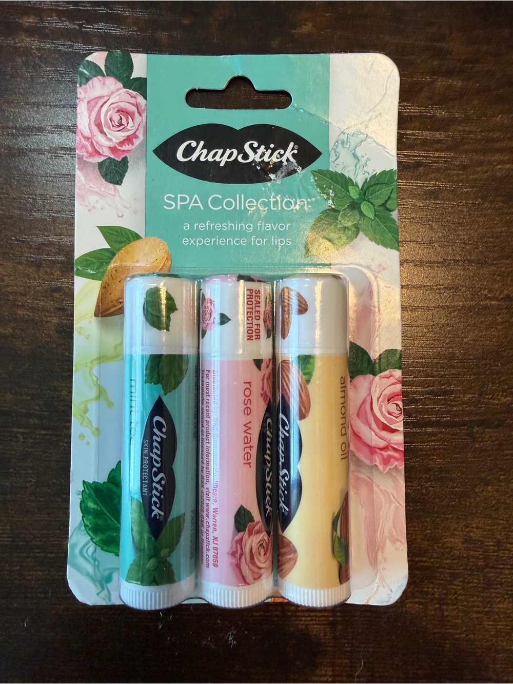 ChapStick Spa Collection Lip Balm Trio — Mint Tea, Rose Water, and Almond Oil.